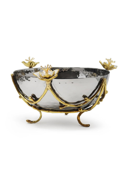 Extra large stainless steel bowl with gold branch and white enamel flower design. 7 inches in diameter by 5 inches high. Elegant Centerpiece.