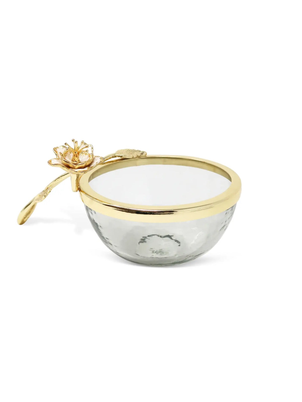 Glass Bowl Adorned with a White and Gold Enamel Flower Design on Handle.
