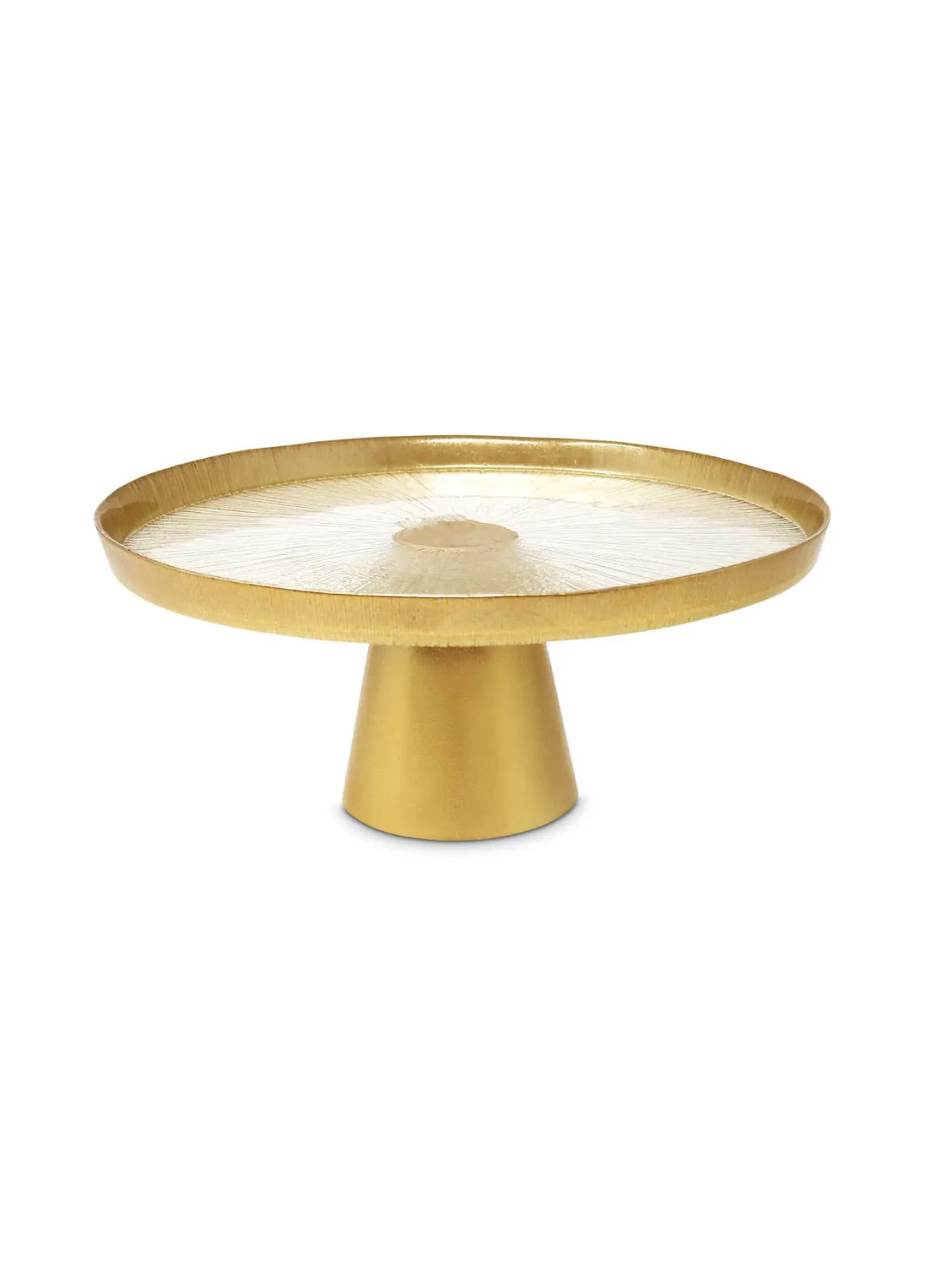 Glass Cake Plate with Gold Rim on Gold Base, Available in 2 Sizes.