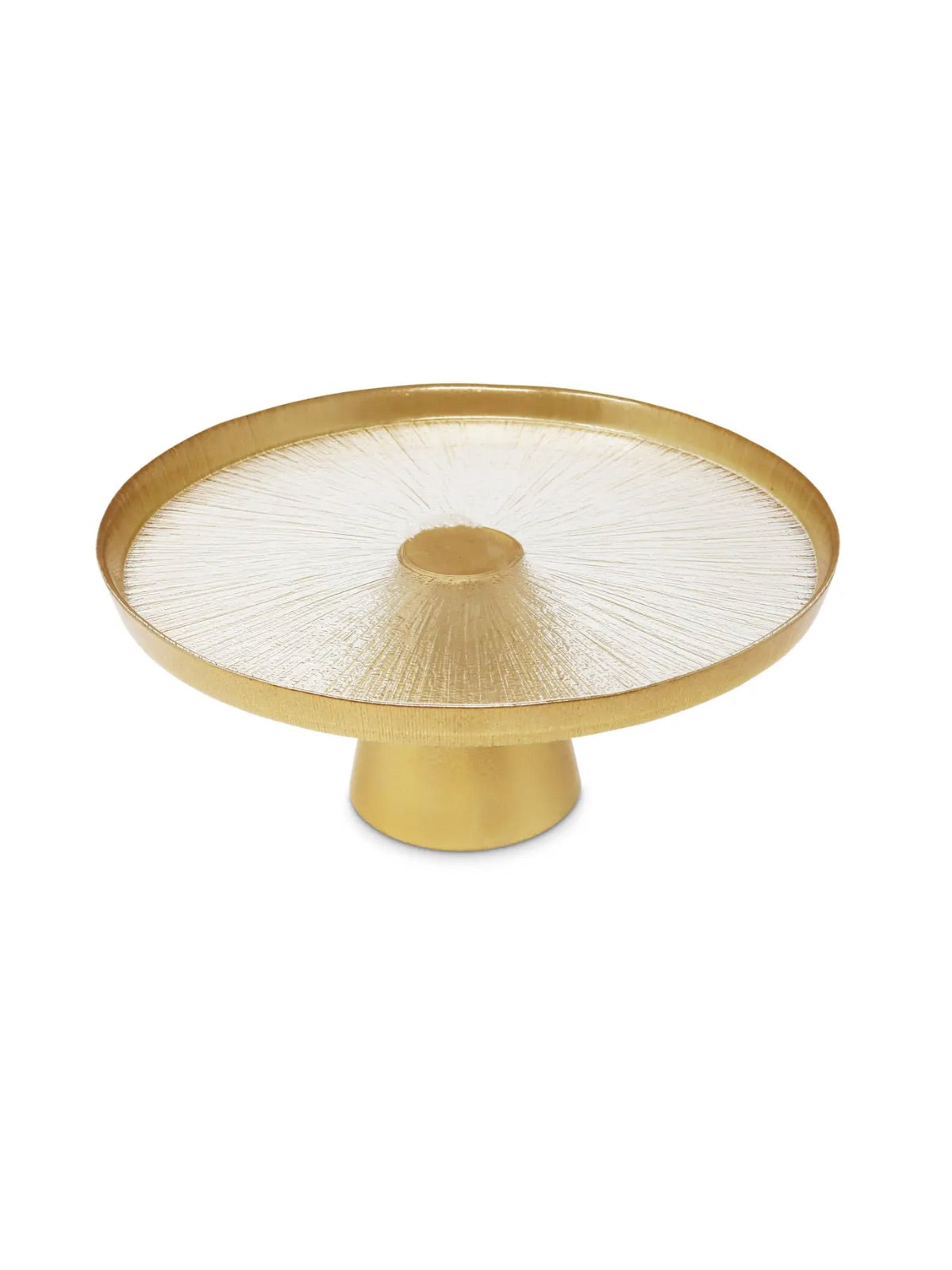 Glass Cake Plate with Gold Rim on Gold Base, Top View.