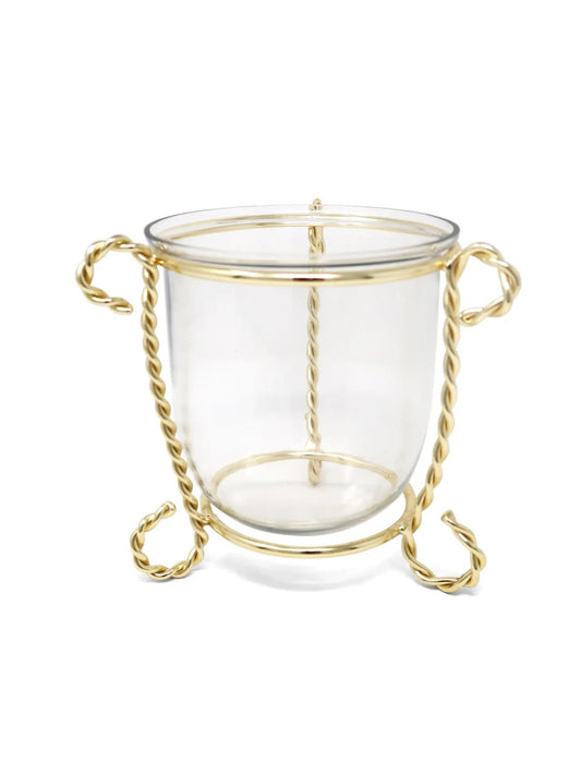 Glass Candle Holder on a Gold Brass Twirled Design Stand - Elegant Home Goods.
