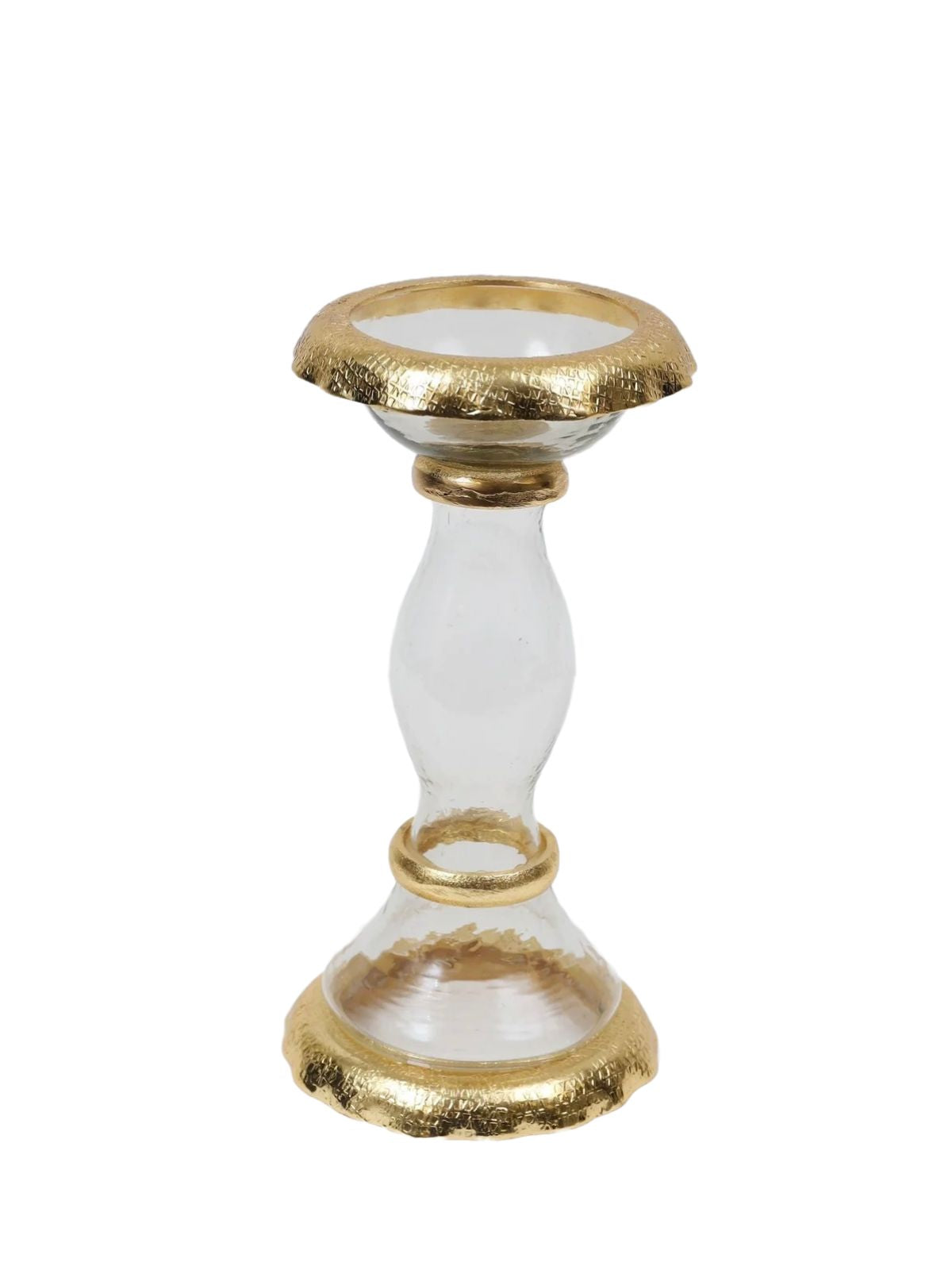 Glass Candle Holder with Stainless Steel Gold Ripple Edge Border, perfect for enhancing home decor. Measures, 5W x 10H inches.