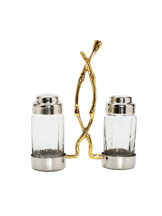 Glass Salt And Pepper Shakers With Gold Twig Holder