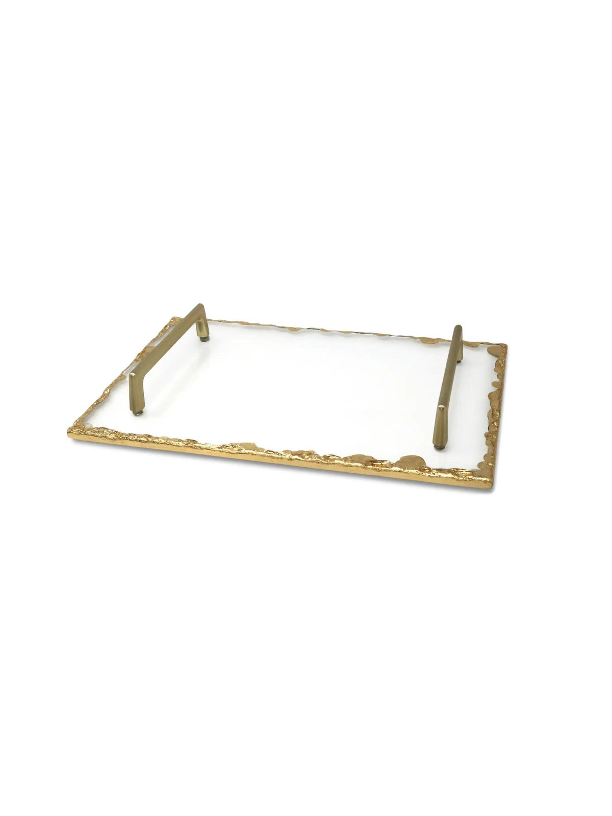 Glass Tray with Gold Rim and Handles Sold by KYA Home Decor.