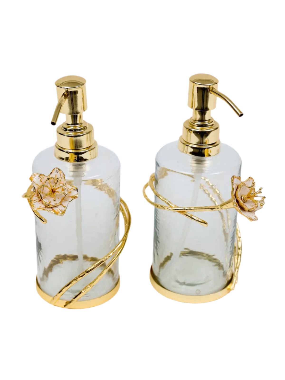 Elegant glass soap and lotion dispenser with intricate gold enamel flower design, perfect for adding a touch of luxury to any bathroom or kitchen.