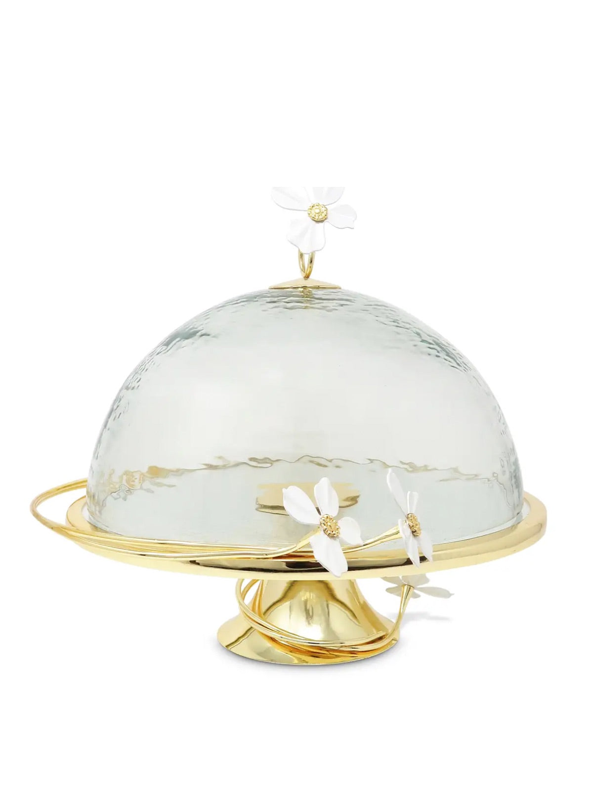Gold Cake Stand with Glass Cover and Jewel Flower Embellishment - Sold by KYA Home Decor.