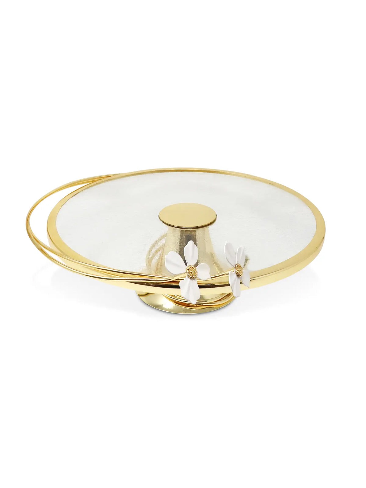 Gold Cake Stand without Glass Cover and Jewel Flower Embellishment - Sold by KYA Home Decor.