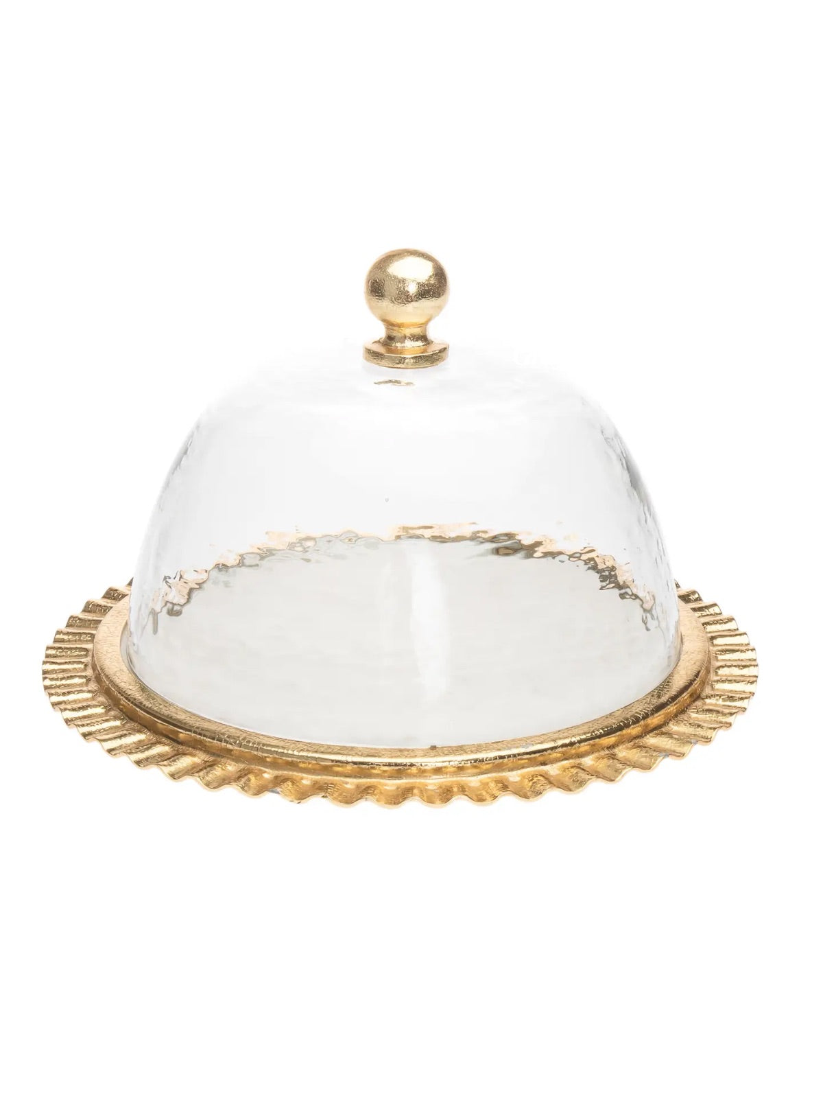 Gold ripple-edged Marble Cake Plate with glass dome measuring 13D x 8H inches. Made of Stainless Steel and Glass.
