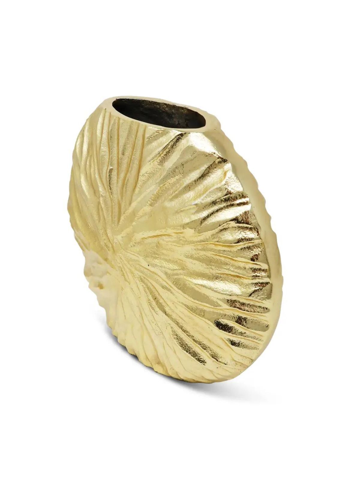 Gold round luxury vase with a stunning textured finish, perfect for elevating your home decor. Product Measures, 9.5L x 3.25W x 8.25H inches. Imported.