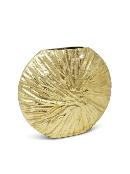Gold round luxury vase with a stunning textured finish, perfect for elevating your home decor. Product Measures, 9.5L x 3.25W x 8.25H inches. KYA Home Decor.