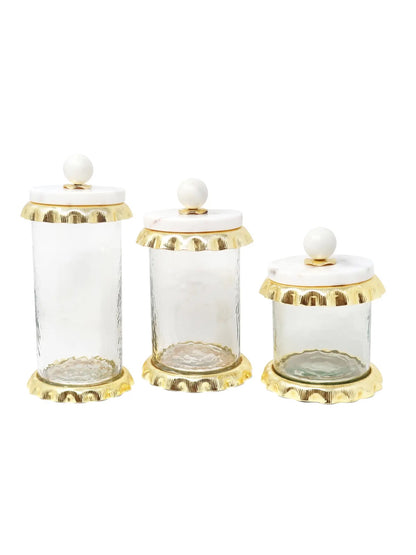 Hammered Glass Canister with Gold Ruffle and Marble Lid in 3 Sizes – Aesthetic and Versatile Home Decor Storage Solution.