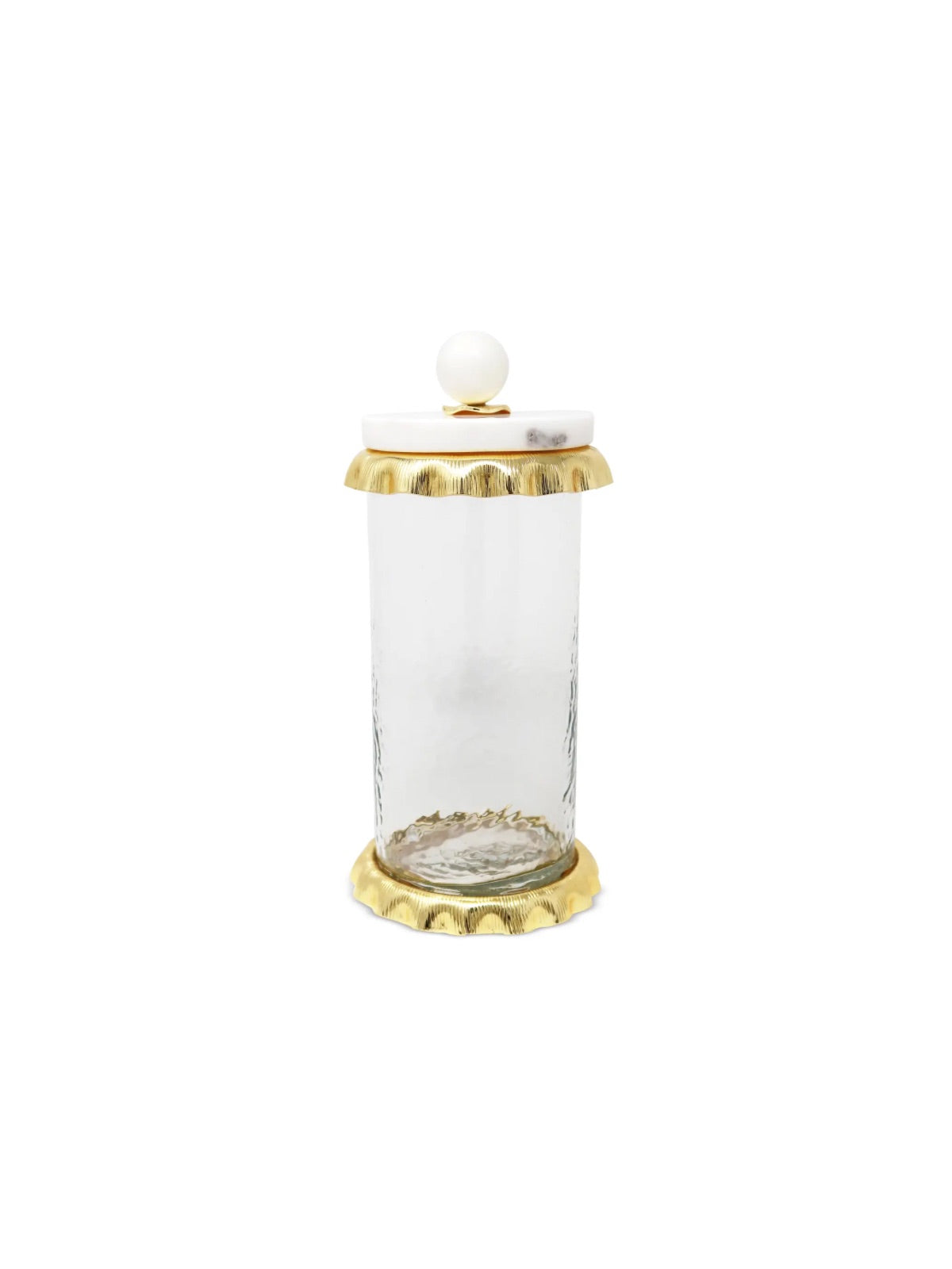 Hammered Glass Canister with Gold Ruffle and Marble Lid in Large Size – Aesthetic and Versatile Home Decor Storage Solution.