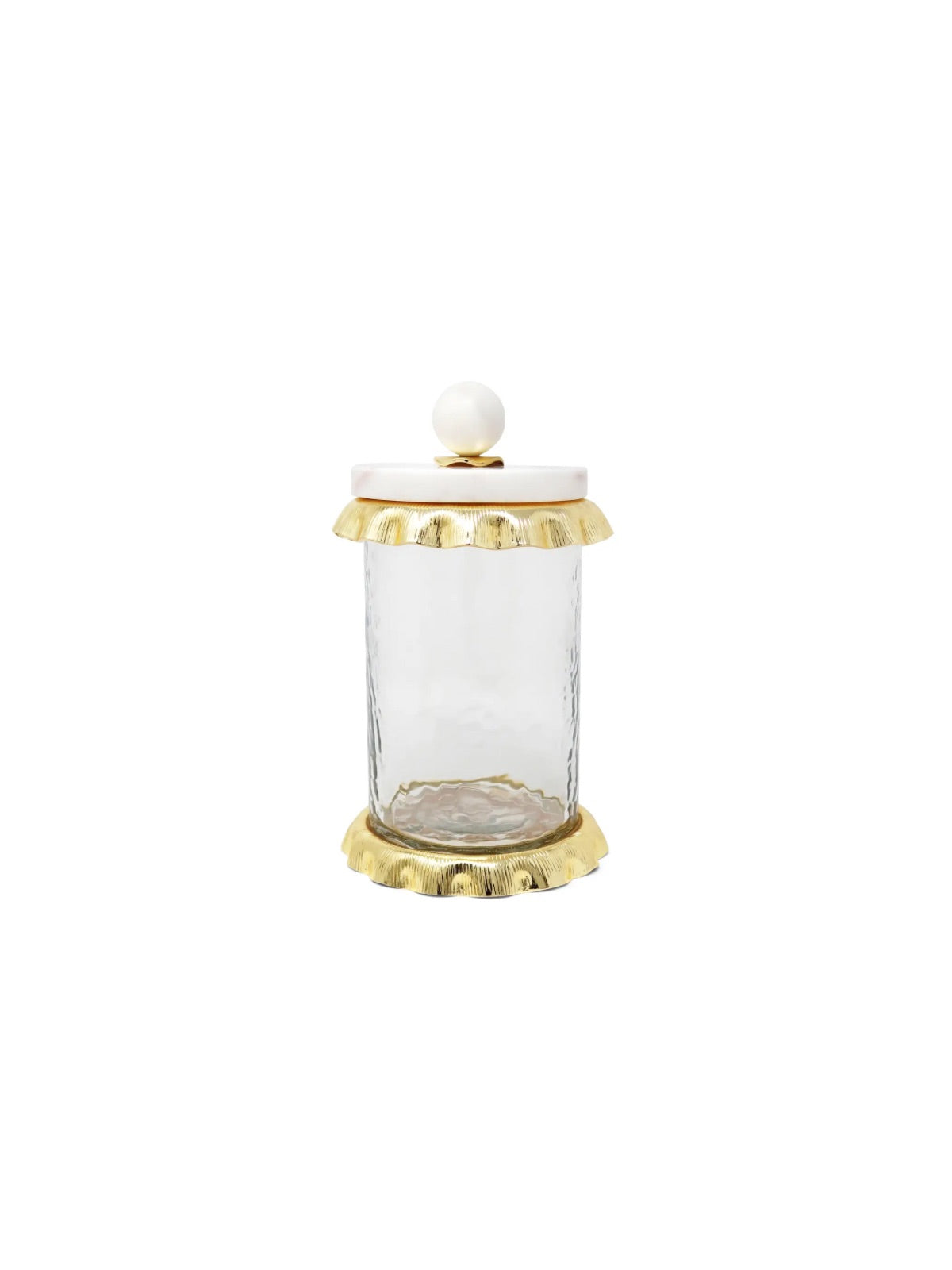 Hammered Glass Canister with Gold Ruffle and Marble Lid in Medium Size – Aesthetic and Versatile Home Decor Storage Solution.