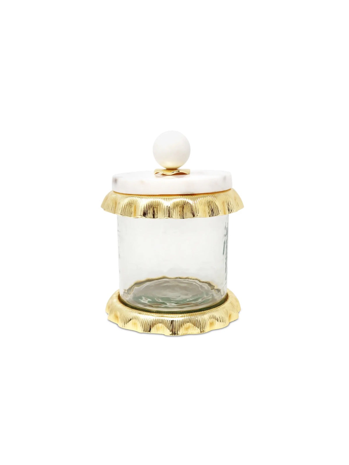 Hammered Glass Canister with Gold Ruffle and Marble Lid in Small Size – Aesthetic and Versatile Home Decor Storage Solution.