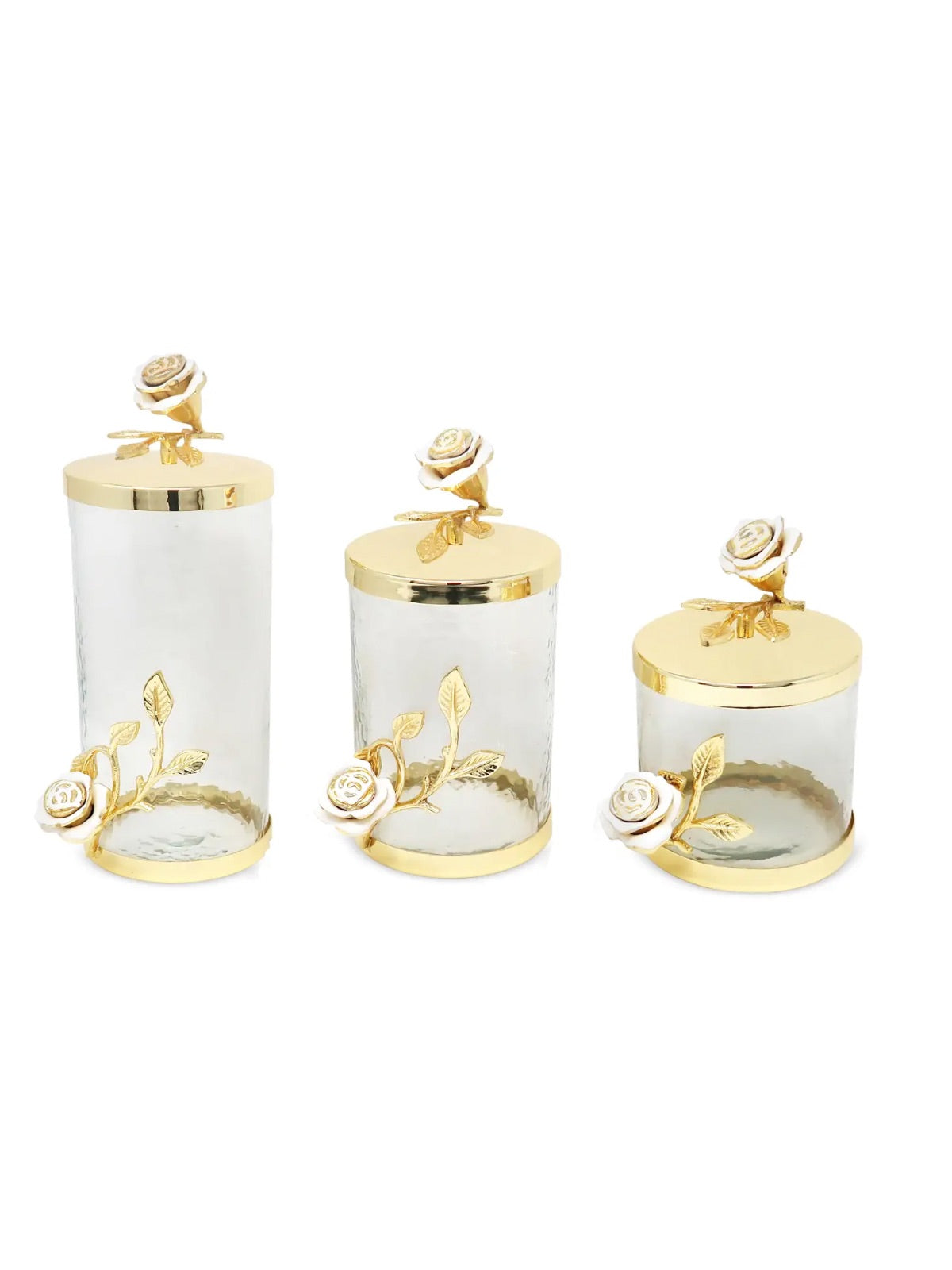 Hammered Glass Canister with White and Gold Rose Design, Stainless Steel Gold Lid, Offered in 3 Sizes – Elegant and Versatile Kitchen Storage Solution