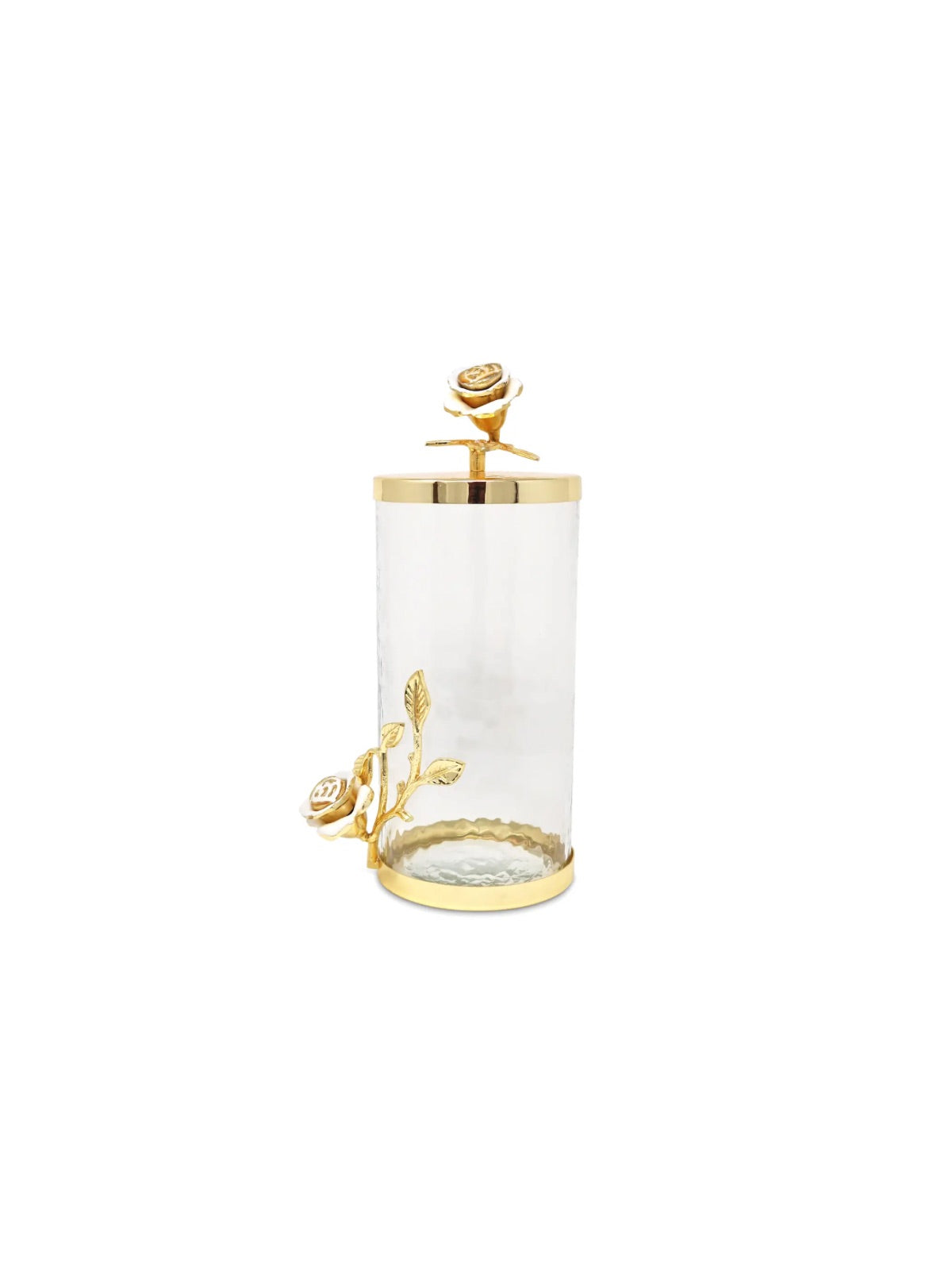 Hammered Glass Canister with White and Gold Rose Design, Stainless Steel Gold Lid, Offered in Large – Elegant and Versatile Kitchen Storage Solution