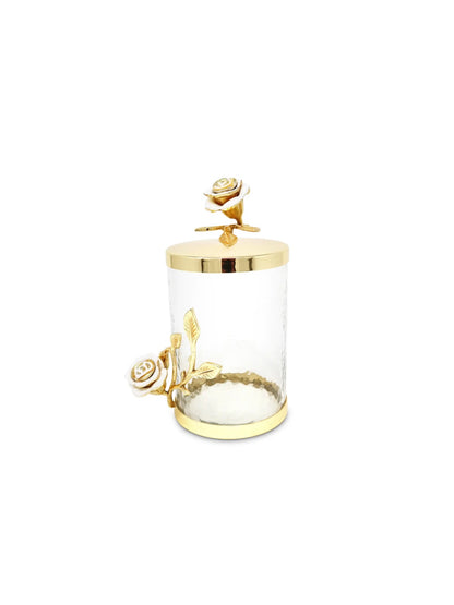 Hammered Glass Canister with White and Gold Rose Design, Stainless Steel Gold Lid, Offered in Medium – Elegant and Versatile Kitchen Storage Solution