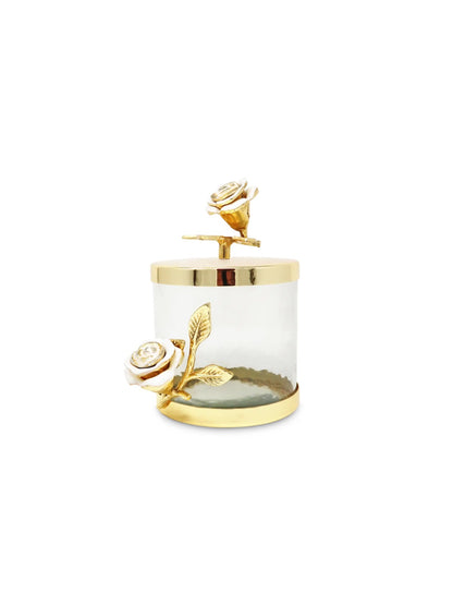 Hammered Glass Canister with White and Gold Rose Design, Stainless Steel Gold Lid, Offered in Small – Elegant and Versatile Kitchen Storage Solution