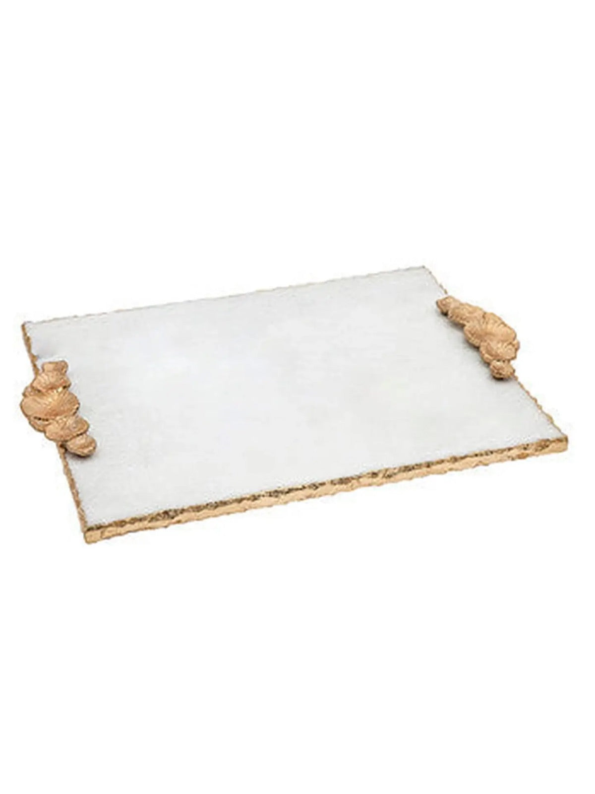 Luxury Marble Serving Board with Stainless Steel Gold Pleated Inkcap Handles measuring 16L x 12W x 1H inches.
