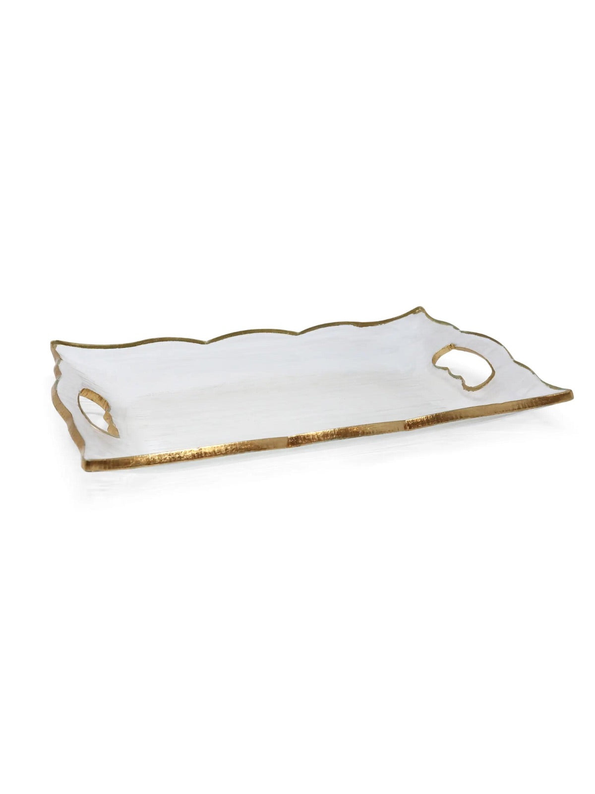 Rectangular Glass Tray with Handles and Metallic Gold Edges.