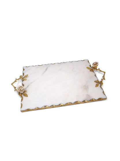 Rectangular White Marble Tray with Gold Rose Designed Handles and Gold Rim.