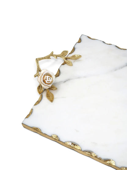 Rectangular White Marble Tray with Gold Rose Designed Handles and Gold Rim sold by KYA Home Decor.