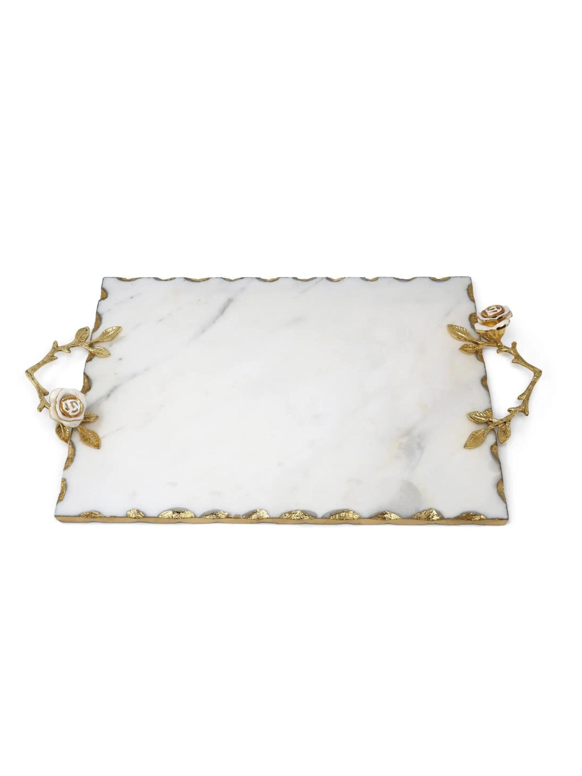 Rectangular White Marble Tray with Gold Rose Designed Handles and Gold Rim Measuring 16 inches.