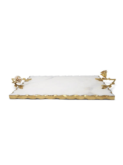 16 inch Rectangular White Marble Tray with Gold Rose Designed Handles and Gold Rim.
