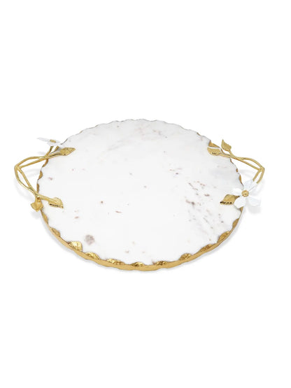 Round White Marble Tray with Gold Edges and White Flower Handles, 15D inches.