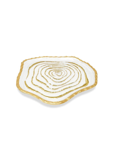 Set of 4 Round Glass Plates with Gold Grained Design, Measuring 8.5D Inches.
