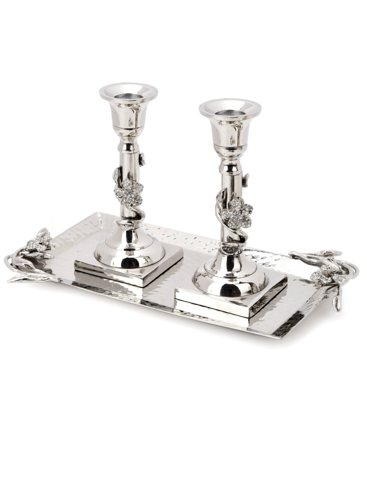 Stainless steel candle holder set with hammered finish and jeweled flower details. Includes 2 candlesticks holders and tray for an upscale, sophisticated tabletop decor.