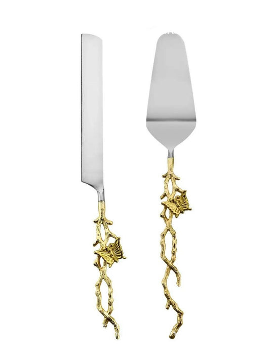 Stainless Steel Cake Servers with Gold Butterfly Accents - Luxury dining essential, durable and stylish. Measuring, 13L X 2.5W X 1H inches.