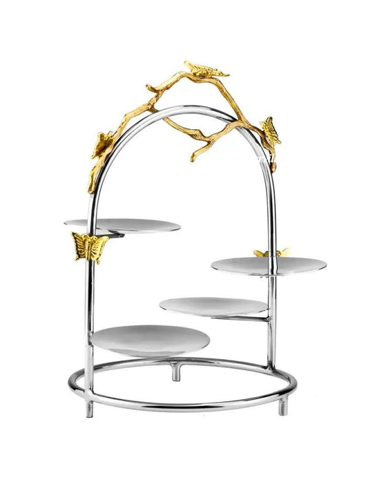 Stainless Steel Pastry Stand with Gold Butterfly Accent - Elegant dessert display for luxurious occasions measuring 8.75L X 8W X 12.5H inches. 