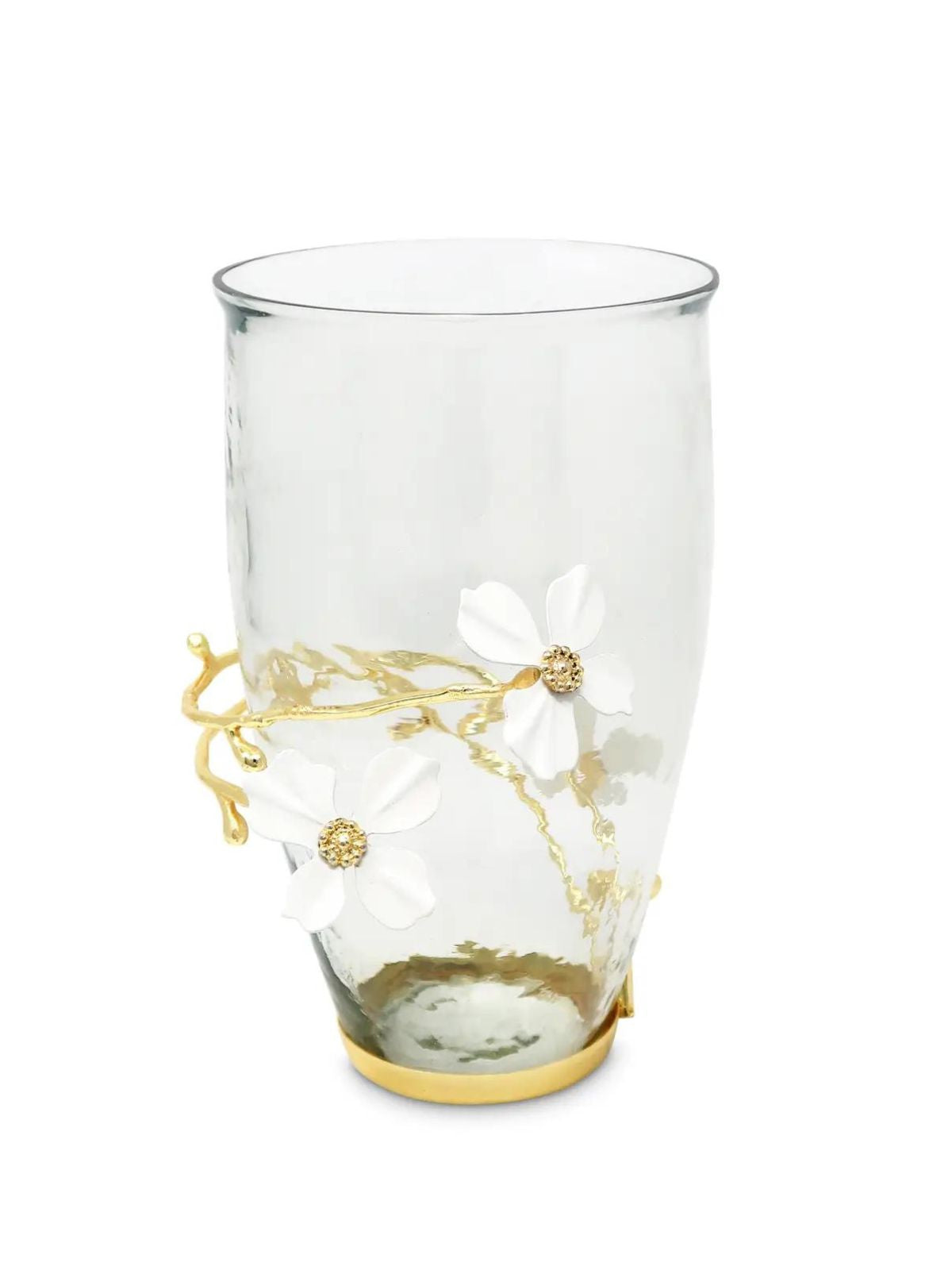 Stunning Glass Vase with Beautiful Gold Twirl Design and Delicate White Jewel Flowers - Luxurious Home Goods.