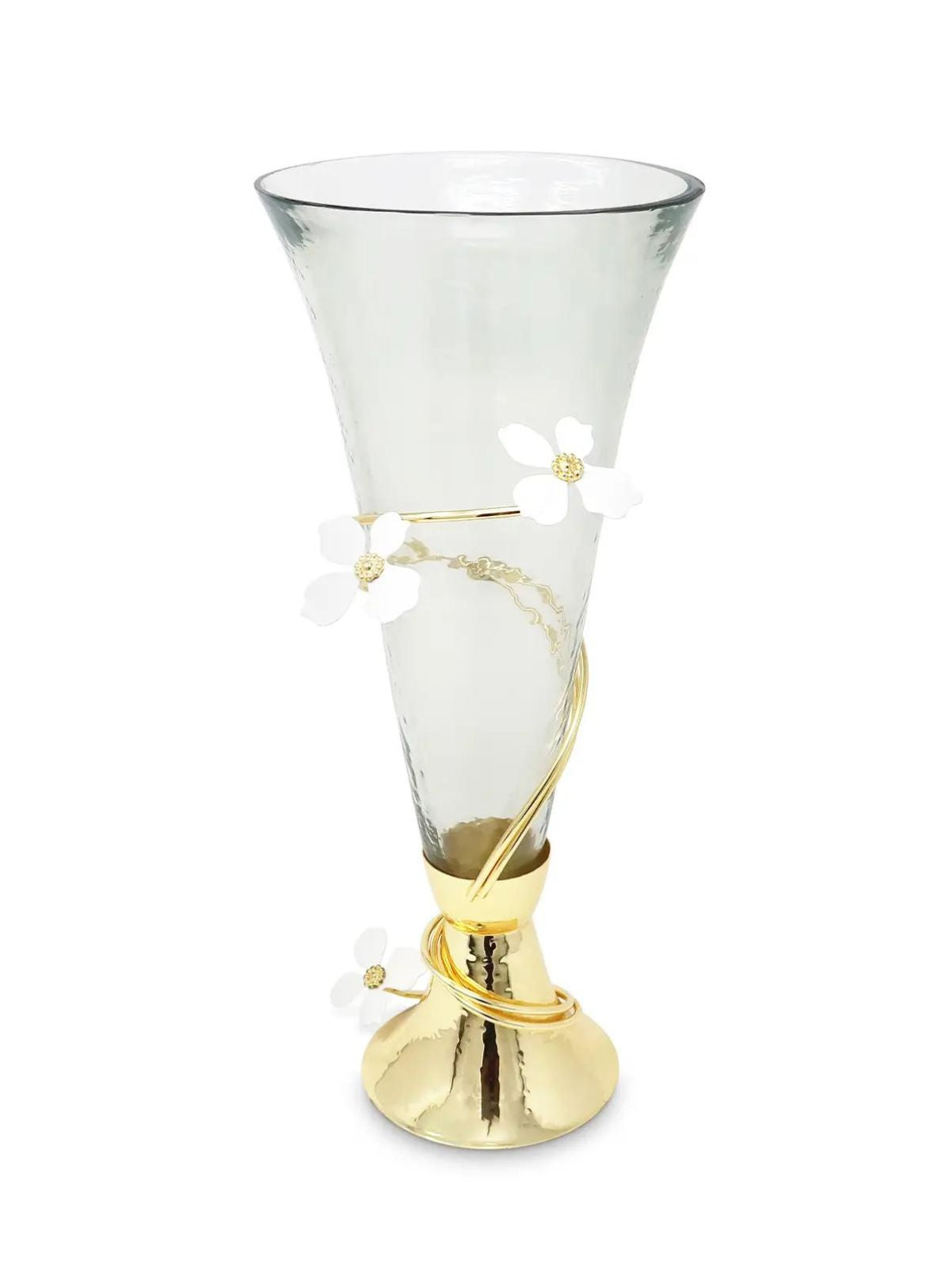 Stunning Glass Vase with Elegant Gold Twirl Design and Delicate White Jewel Flowers - Luxurious Home Goods.