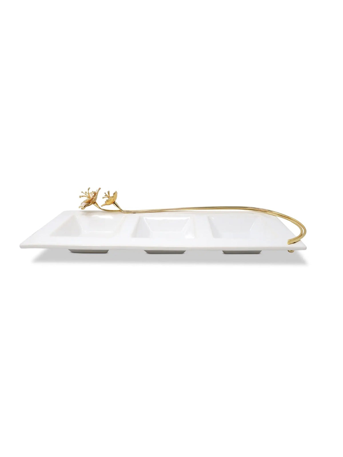 Three-Section Porcelain Tray with Elegant Gold Enamel Flower Detail.