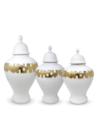 White Ceramic Ginger Jar with Gold Link Design, Available in 3 Sizes.