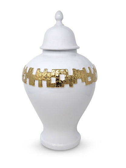 White Ceramic Ginger Jar with Gold Link Design, Measuring 22 inches Tall