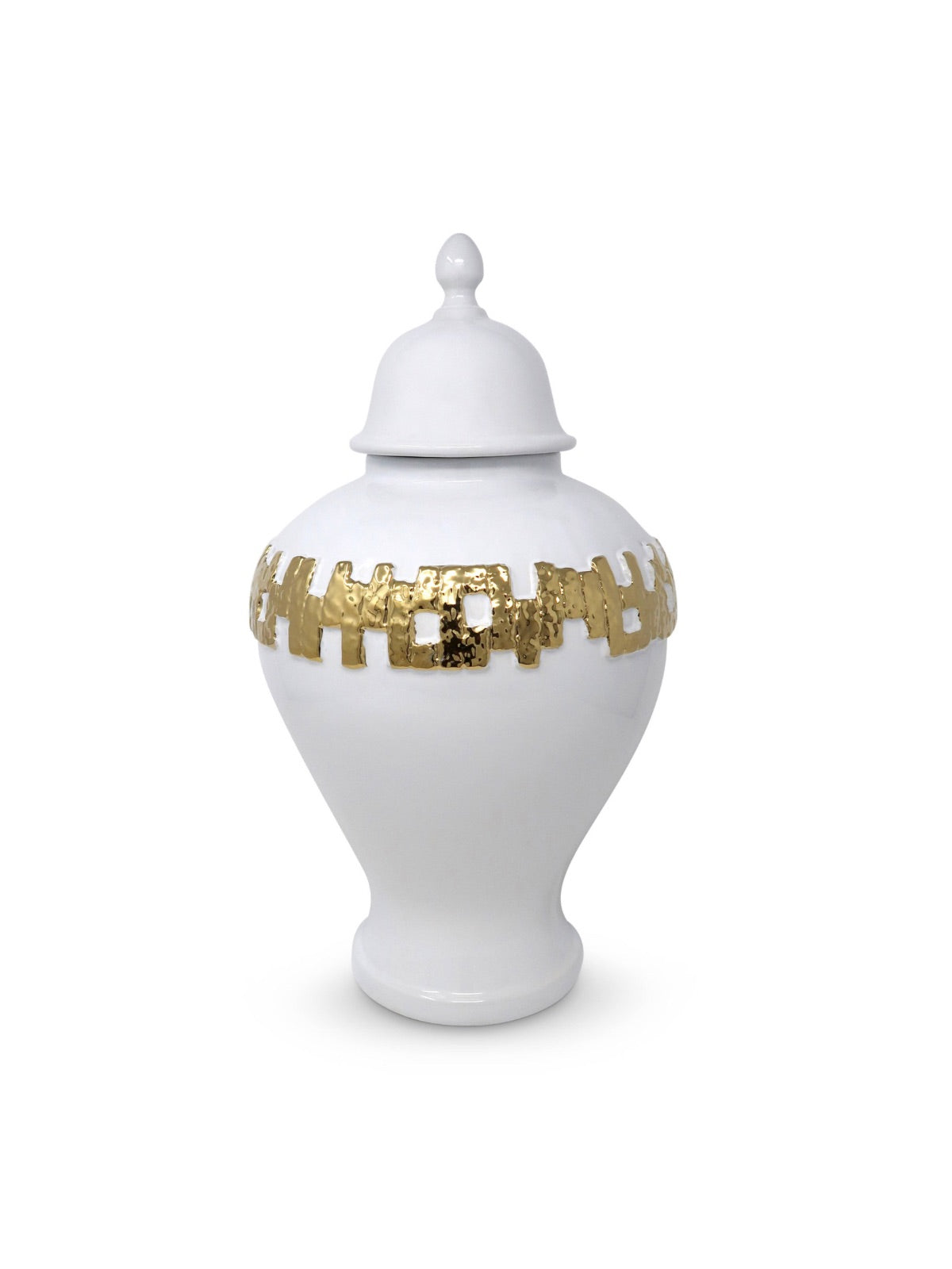 White Ceramic Ginger Jar with Gold Link Design, Medium Size Sold by KYA Home Decor.