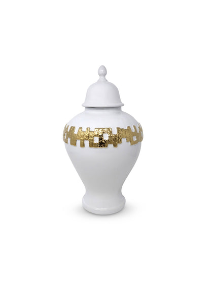 White Ceramic Ginger Jar with Gold Link Design, Size Small Sold by KYA Home Decor.