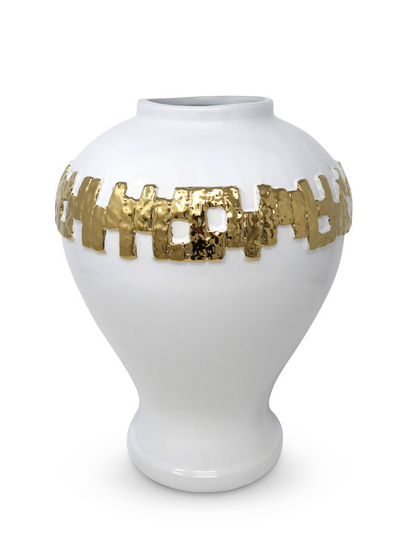 White Ceramic Ginger Jar with Gold Link Design Sold by KYA Home Decor.
