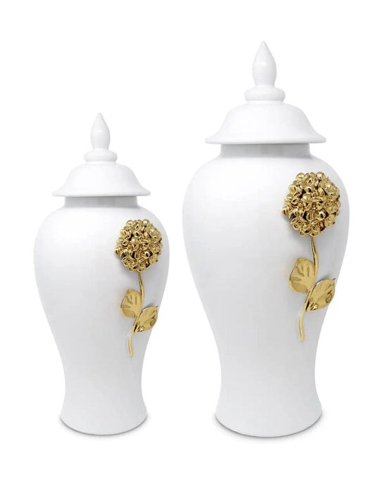 White Ceramic Ginger Jar with Sparkling Gold Flower Detail, 2 Sizes.
