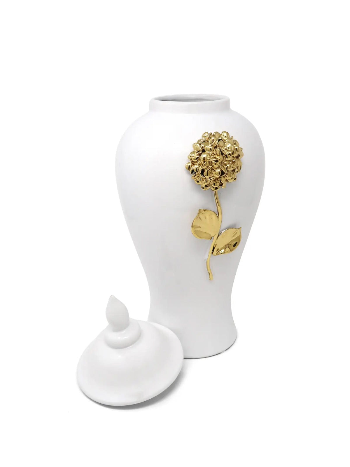 White Ceramic Ginger Jar with Sparkling Gold Flower Detail with Lid Off.