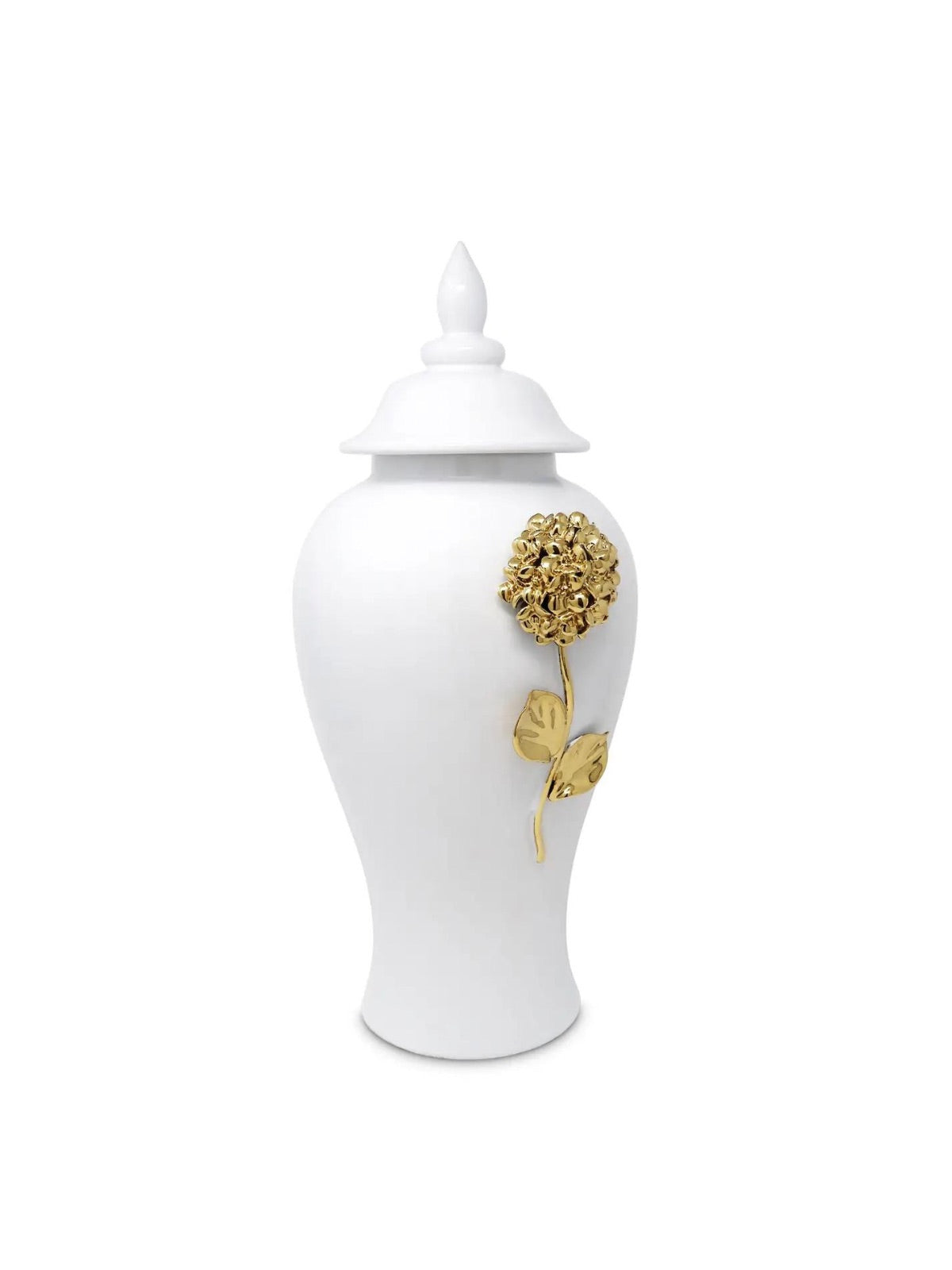 White Ceramic Ginger Jar with Sparkling Gold Flower Detail - Available in Medium.