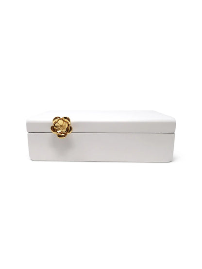 White Decorative Wooden Box with Gold Flower Detail.