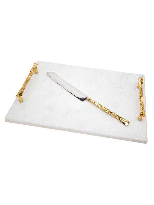 White Marble Serving Tray with Stainless Steel Knife - Elegant marble tray for appetizers and desserts Measuring 16L x 12W x 2H inches.