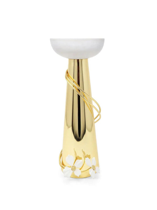 White Porcelain Candlestick Holder on Gold Base and White Flower Detail - Luxury Home Decor.