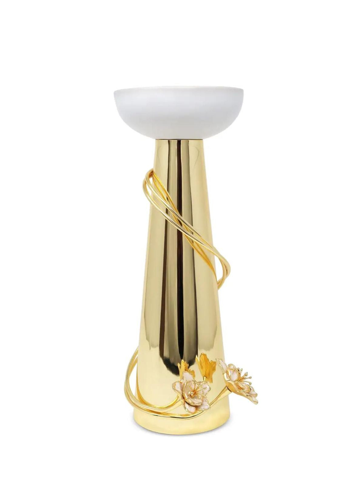 White Porcelain Candlestick Holder on Gold Brass Base with Jewel Flower Details - Luxury Home Decor.
