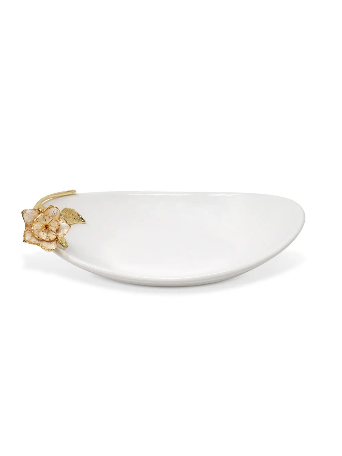 White Porcelain Oval Bowl with Luxury Gold Flower Detail.
