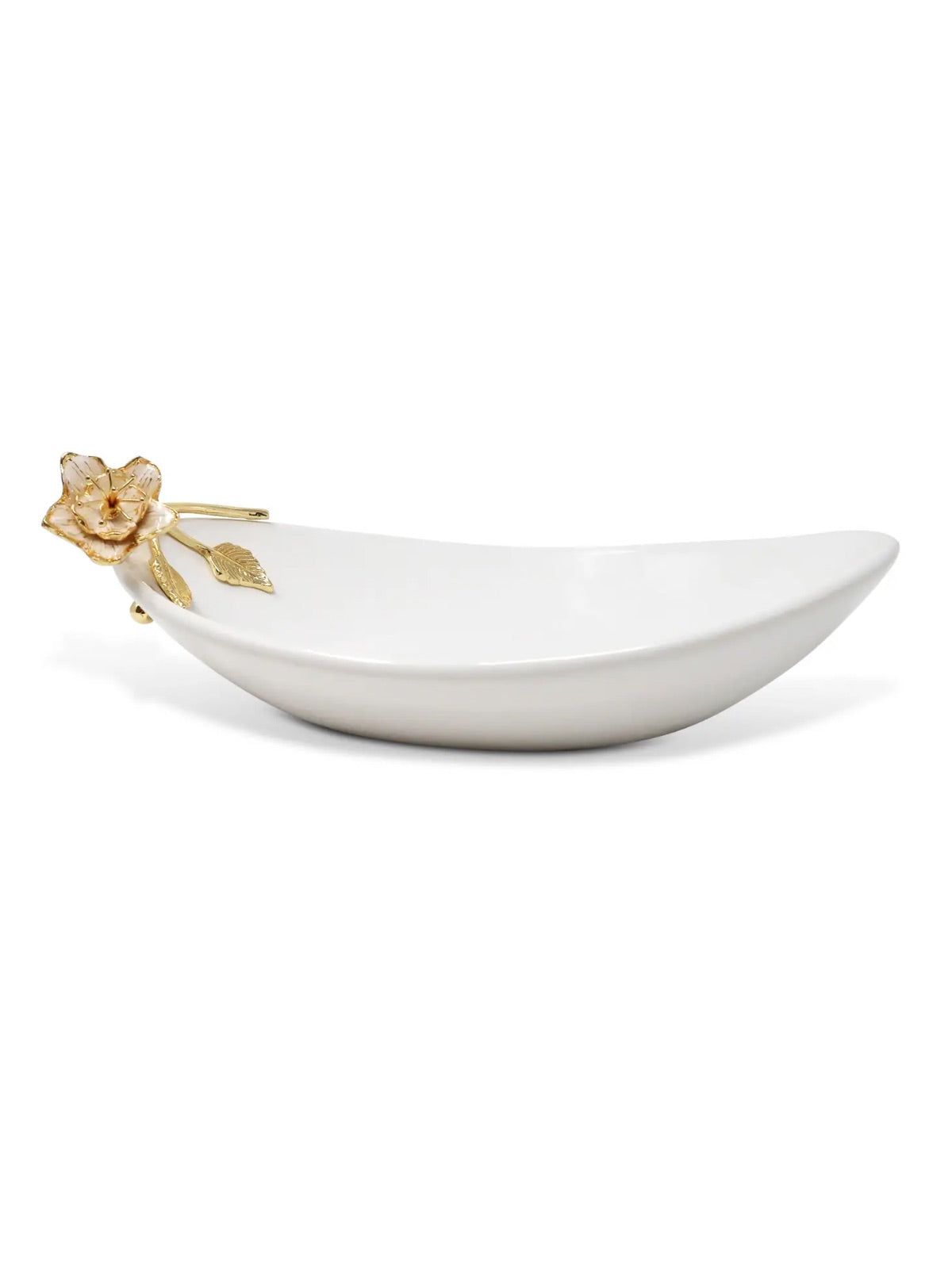 White Porcelain Oval Bowl with Sophisticated Gold Flower Detail.